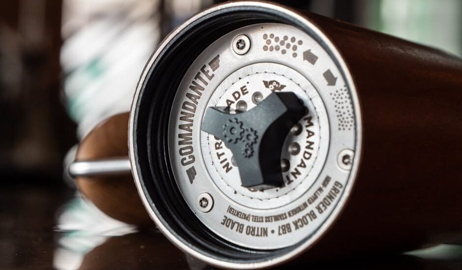 Detailed close-up image of Comandante coffee grinder emphasizing product craftsmanship.