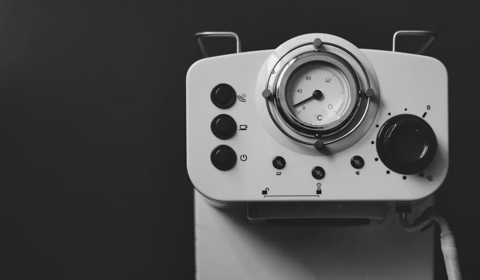 Espresso machine control panel with pressure gauge, illustrating steps for adjusting espresso machine pressure.