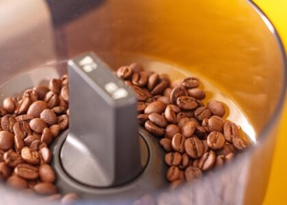 Whole coffee beans inside a new grinder hopper, illustrating the first step in seasoning a coffee grinder